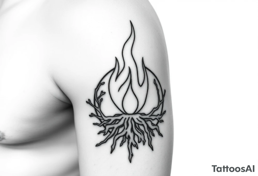 flame in a blooming roots circle tattoo idea