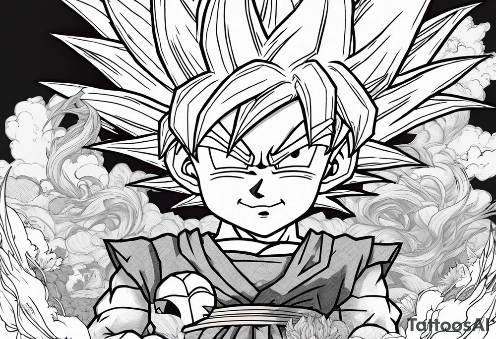 Son-Goku as a child in the foreground and an older version of him as a super saiyajin behind him. A huge dragonball surrounds the whole scenery. Fokus friends are surrounding him as shadows tattoo idea