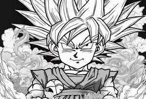 Son-Goku as a child in the foreground and an older version of him as a super saiyajin behind him. A huge dragonball surrounds the whole scenery. Fokus friends are surrounding him as shadows tattoo idea