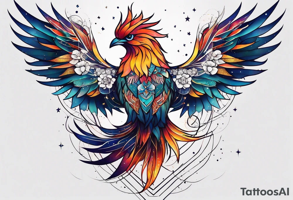 Constellation, animal phoenix , snow , géométric , flower tattoo idea