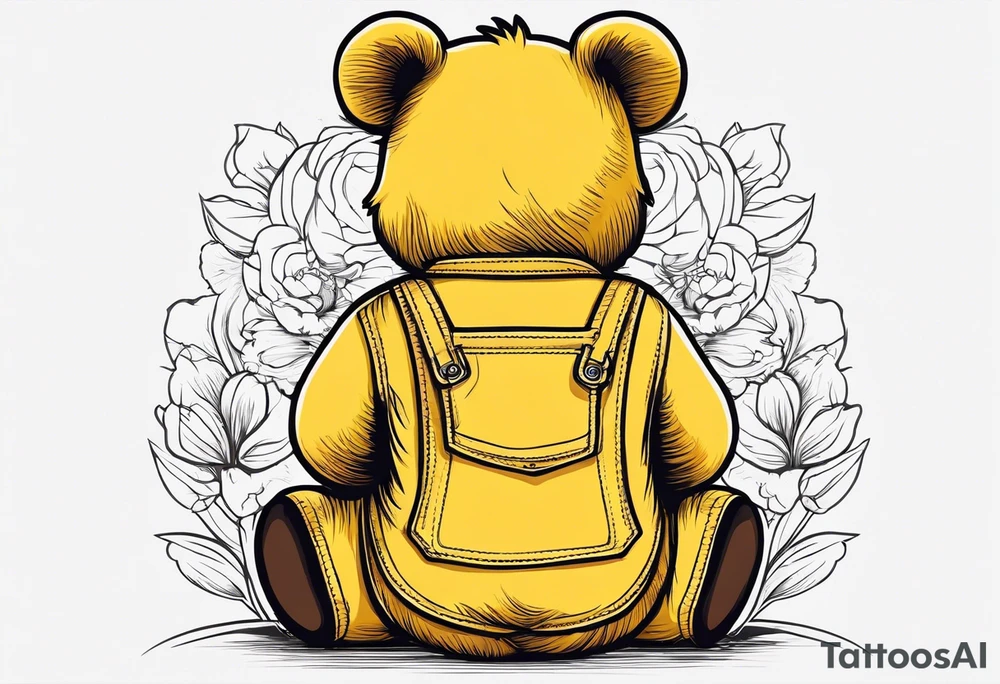 the back of a standing brown 
teddy bear in yellow , long overalls tattoo idea