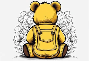 the back of a standing brown 
teddy bear in yellow , long overalls tattoo idea