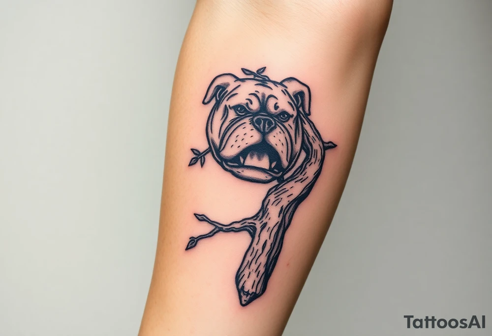 english bulldog biting branch hanging from tree medieval woodcut tattoo idea