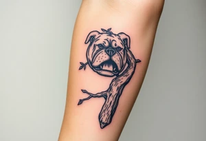 english bulldog biting branch hanging from tree medieval woodcut tattoo idea