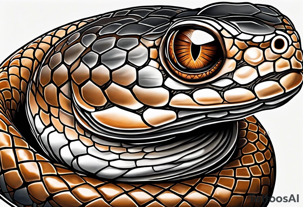 Copperhead coiled up with head turned up and mouth open and copper colored eyes tattoo idea
