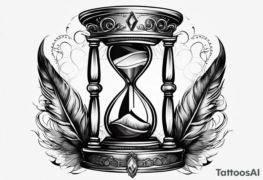 hourglass with feathers, a crown with a diamond and a pocket watch tattoo idea
