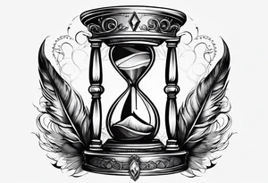 hourglass with feathers, a crown with a diamond and a pocket watch tattoo idea