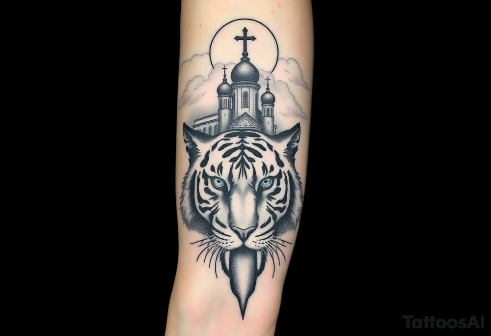 in a dorsal view of the hand and forearm a tiger face on the hand with black hollowed eyes, then above this a orthodox church shrouded with a mist and fading into a virgin mary overlooking tattoo idea