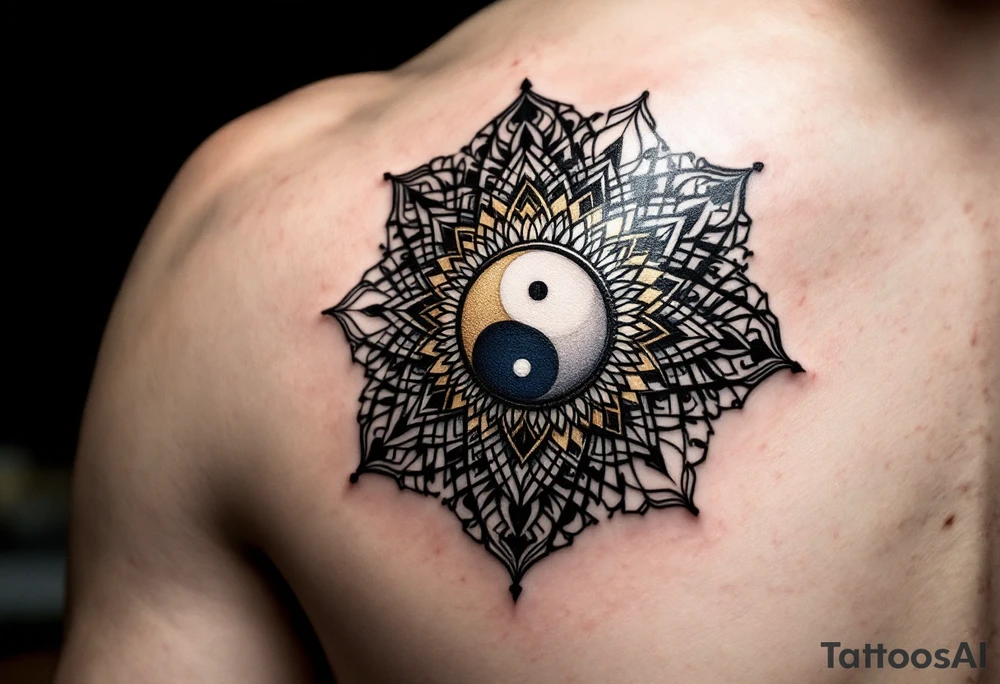 An intricate mandala with a yin-yang center, radiating golden and deep blue hues, symbolizing balance and harmony. tattoo idea