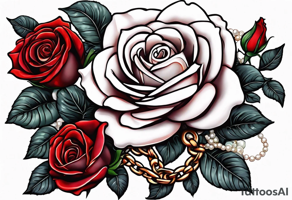 Red rose with a chain made of pearls and seashell tattoo idea