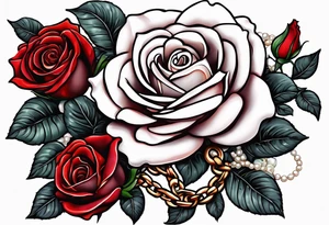 Red rose with a chain made of pearls and seashell tattoo idea