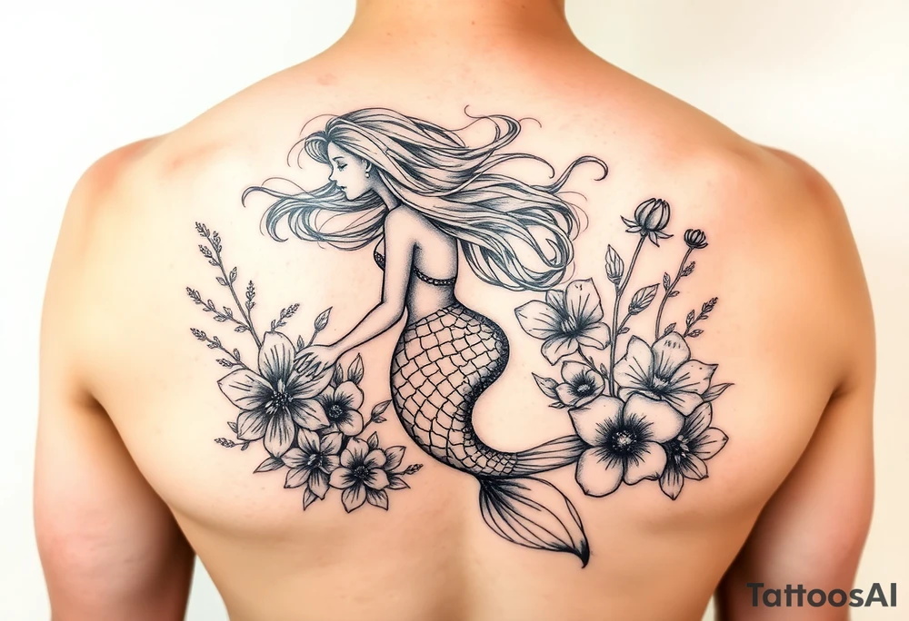 ethereal mermaid with flowing hair among coral and sea flowers tattoo idea
