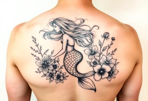 ethereal mermaid with flowing hair among coral and sea flowers tattoo idea