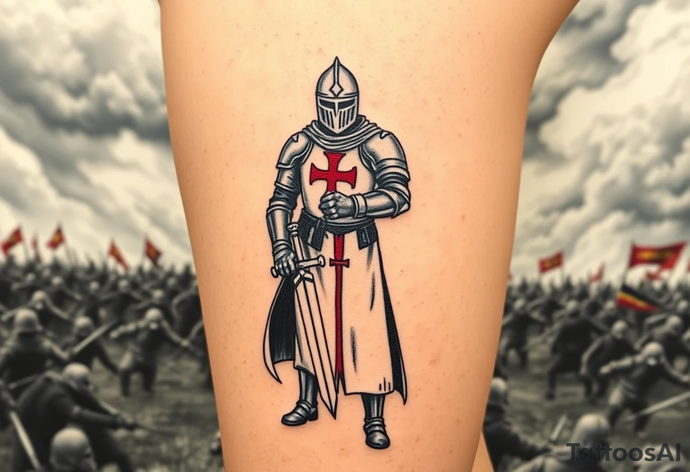 A fierce Templar knight in full armor, gripping a longsword, with a red cross emblazoned on his white tunic, standing against a stormy battlefield tattoo idea