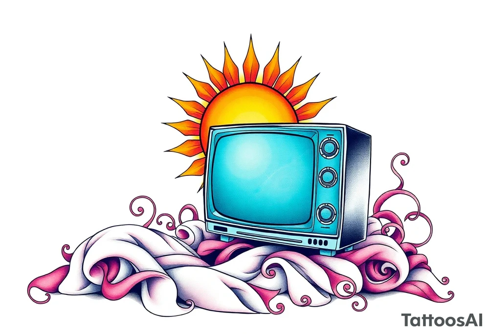 tv on a bed with a sun tattoo idea