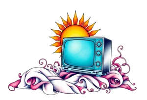 tv on a bed with a sun tattoo idea