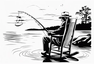 Old man fishing in a rocking chair next to water tattoo idea