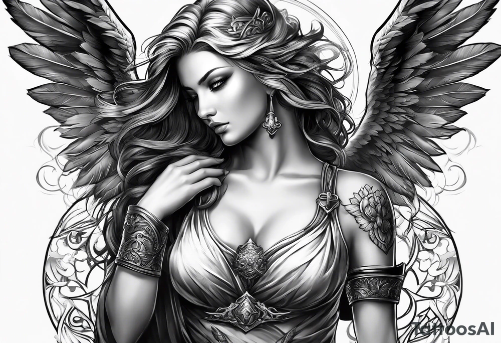 Female angel with sword and beauty dominance tattoo idea