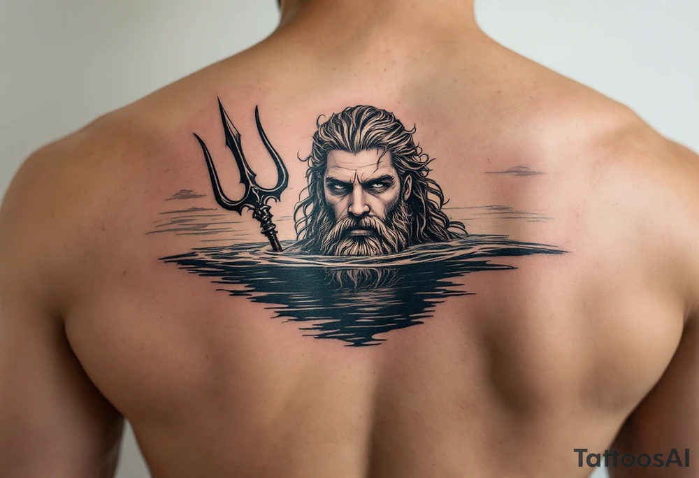 Poseidon half way under calm water with trident at sunset tattoo idea