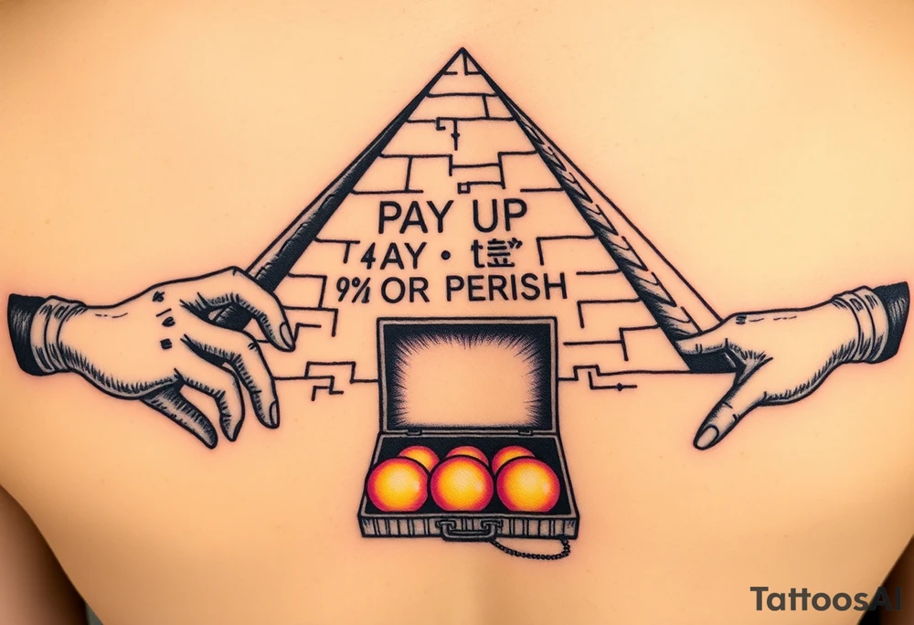"Great Pyramid with 'PAY UP OR PERISH' carved in hieroglyphs. Alien hands (in white gloves) exchange a briefcase of glowing orbs.  

Style: 1950s pulp sci-fi. Colors: sand yellow/black/purple." tattoo idea