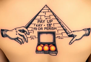 "Great Pyramid with 'PAY UP OR PERISH' carved in hieroglyphs. Alien hands (in white gloves) exchange a briefcase of glowing orbs.  

Style: 1950s pulp sci-fi. Colors: sand yellow/black/purple." tattoo idea
