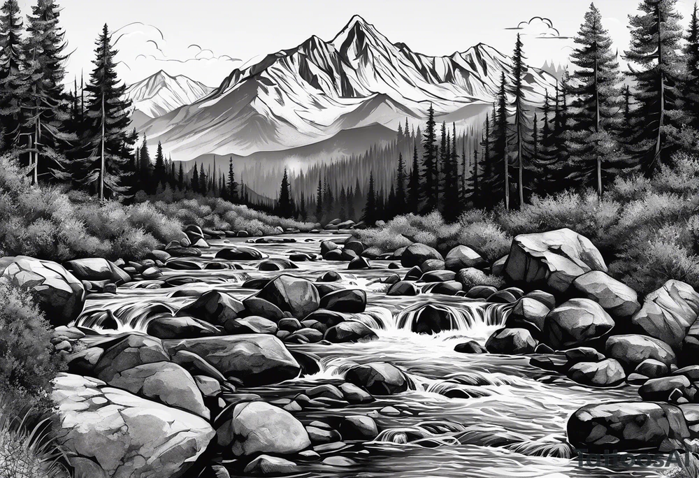 forrest 
river running through rocks and mountains 
open
realistic tattoo idea