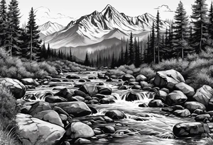 forrest 
river running through rocks and mountains 
open
realistic tattoo idea
