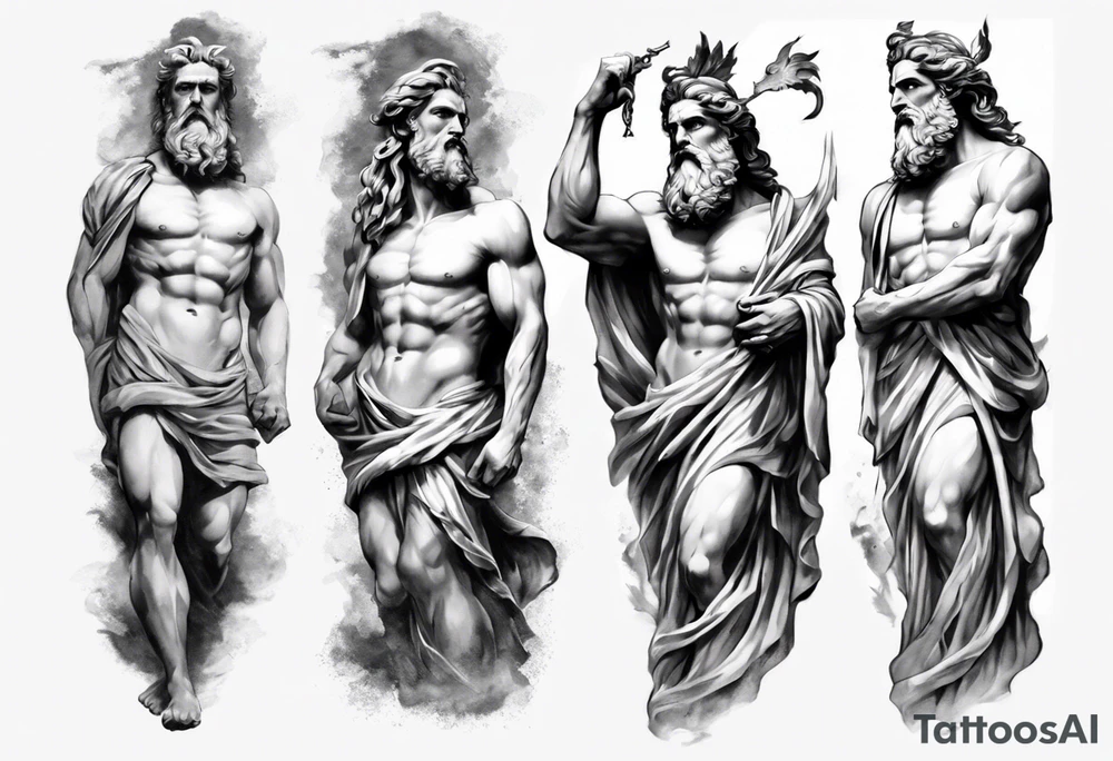 GREEK GOD ZEUS STATUES 
ARM SLEEVE 
REALISTIC tattoo idea