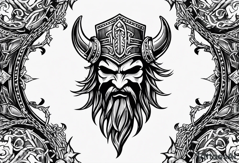 Valhalla sword round shield axe barbed wire chains tattoo idea