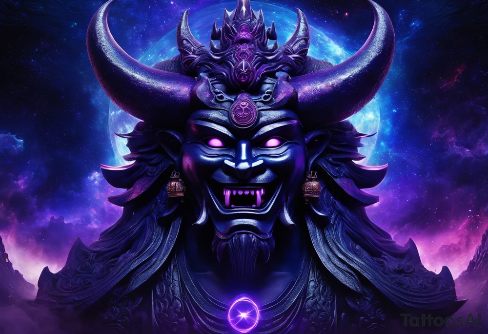 torii gate in biomechanical style in background.

Dominant demonic figure, formidable face with royal king features, has a evil grin and a bit of open mouth with glimpse of devil fang teeth, similar to skull features, framed by deep-set glowing galaxy eyes, head has prominent purple deep blue flames (Not standalone horns) with intricate recognizable swirling galaxy shaped textures with fiery peacock blue green turquoise colour highlights. 

face has peacock feather texture. face is 85%, gate is 15%. tattoo idea