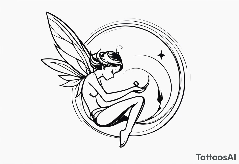 Minimalistic, monochromatic fairy with a tail flying to the left in a fetal position, leaning and looking in the same direction, with visible hands, embodying the 'Fairy Tail' logo aesthetic. tattoo idea