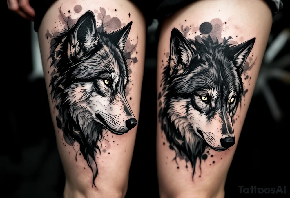 Black wolf face and a white wolf face side by side tattoo idea