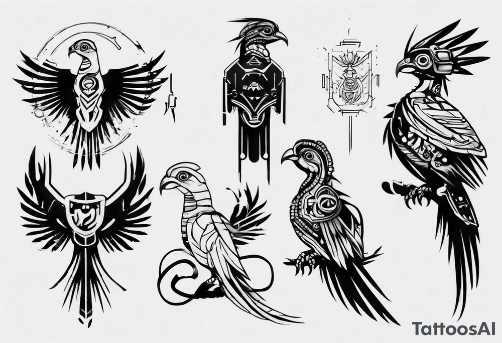 Cyberpunk Guatemalan Quetzal tattoo idea