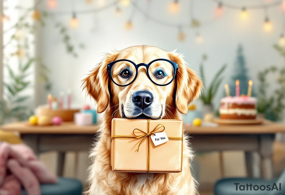 Picture a playful golden retriever wearing cute round reading glasses, holding a neatly wrapped gift box in its mouth. A small tag on the box says “For You.” Behind the dog is a festive table with a birthday cake, candles, and party decorations. The retriever looks clever and kind, like a well-mannered guest at a cozy celebration. A cheerful message floats above:
“Wishing you joy, health, and puppy kisses on your 80th birthday – from the whole Albi team!”
The illustration has a light-hearted, cartoon-like charm, making it perfect for bringing smiles and laughter. tattoo idea