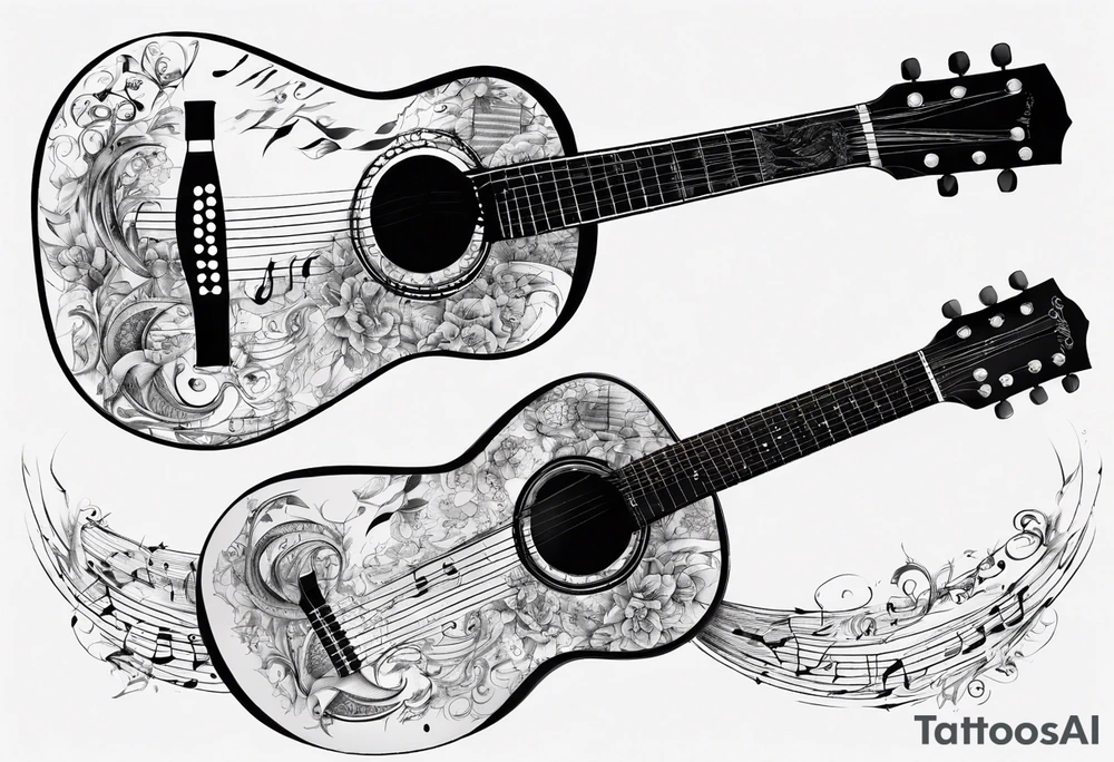 Acoustic Guitar neck with strings made of signatures tattoo idea