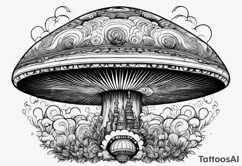 Psychedelic mushroom rocketship with fire coming out the bottom bursting out of bubble into spiritual realm tattoo idea