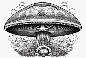 Psychedelic mushroom rocketship with fire coming out the bottom bursting out of bubble into spiritual realm tattoo idea