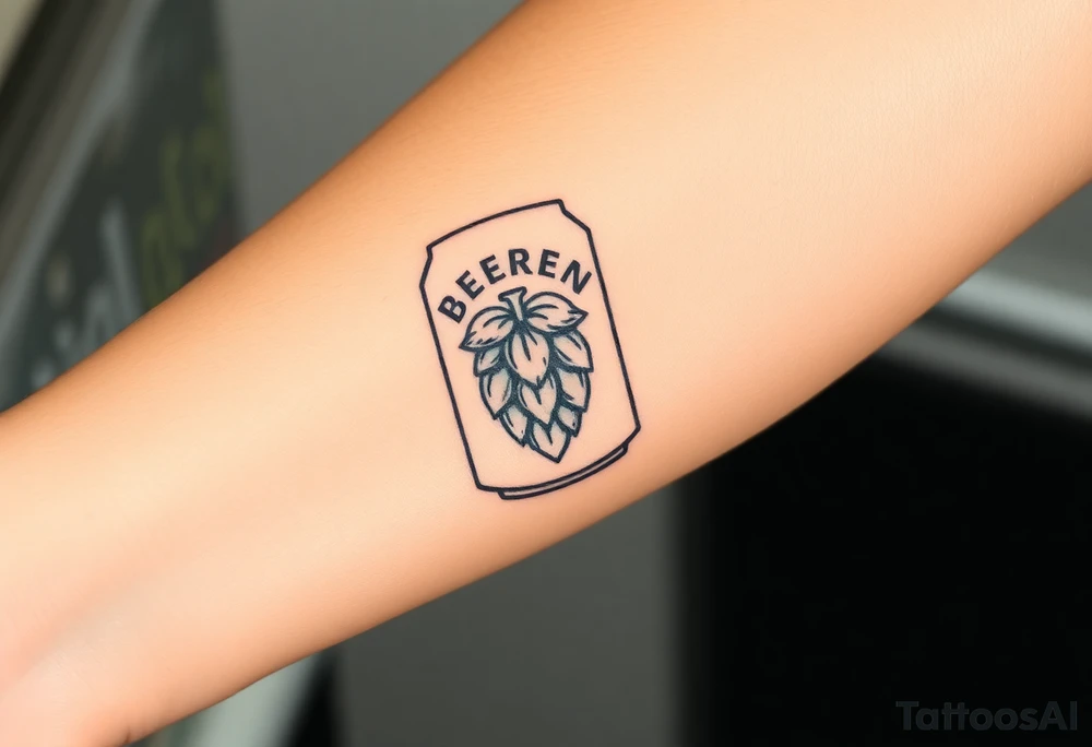 A minimalist black and gold beer can design, with vintage typography and a hop emblem, capturing a sleek and modern aesthetic tattoo idea