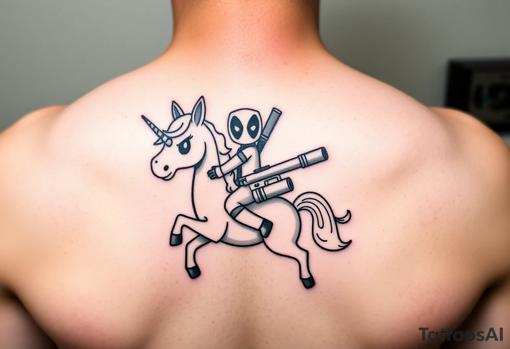 Deadpool riding cartoon unicorn pointing rocket propelled grenade launcher tattoo idea