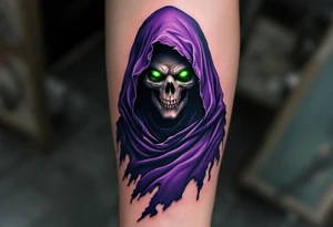 The Reaper’s tattered purple cloak flows behind him as his glowing green eyes pierce the darkness. tattoo idea