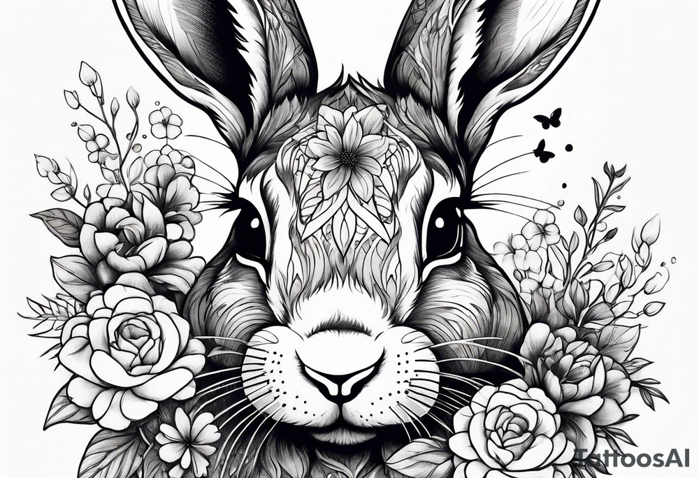 bunny head with flowers around it tattoo idea
