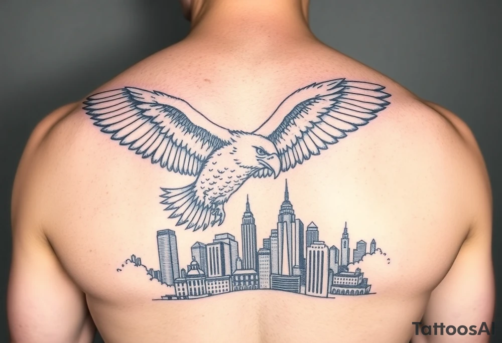 Philadelphia Eagle flying over Philadelphia city skyline with a Go Birds under it tattoo idea
