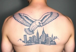 Philadelphia Eagle flying over Philadelphia city skyline with a Go Birds under it tattoo idea