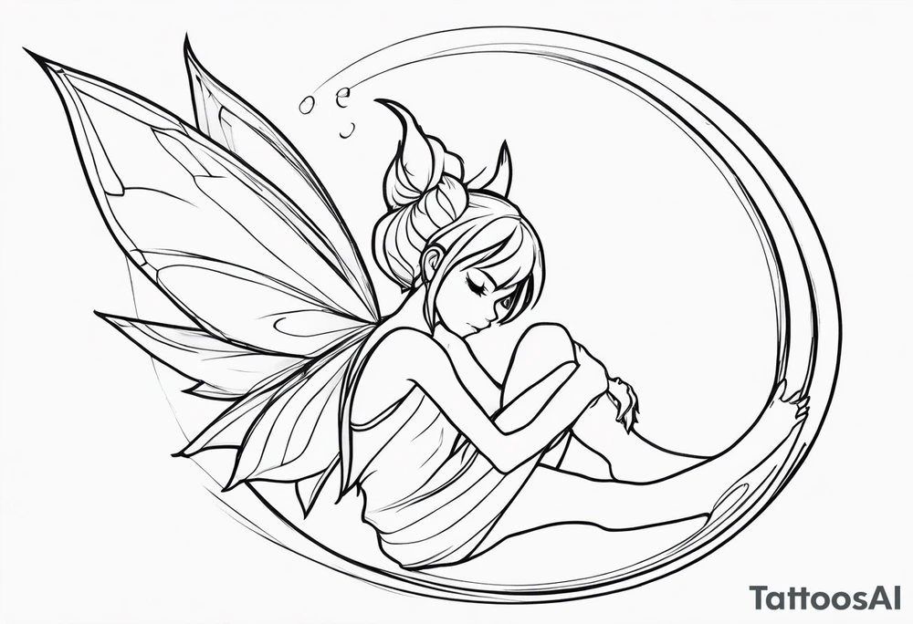 No color sketch of a fairy with a tail inspired by the guild symbol in the anime show called Fairy Tail in a fetal position leaning forward while crawled in hugging herself with hands a bit forward and her body is an angle while floating in the air tattoo idea
