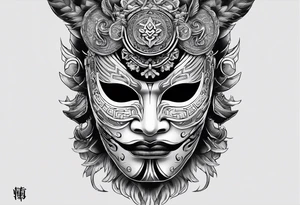 hanya mask on the shoulder, mask from ghost of Tsushima, hanya mask with three eyes, mask symbol of freedom and calmness tattoo idea