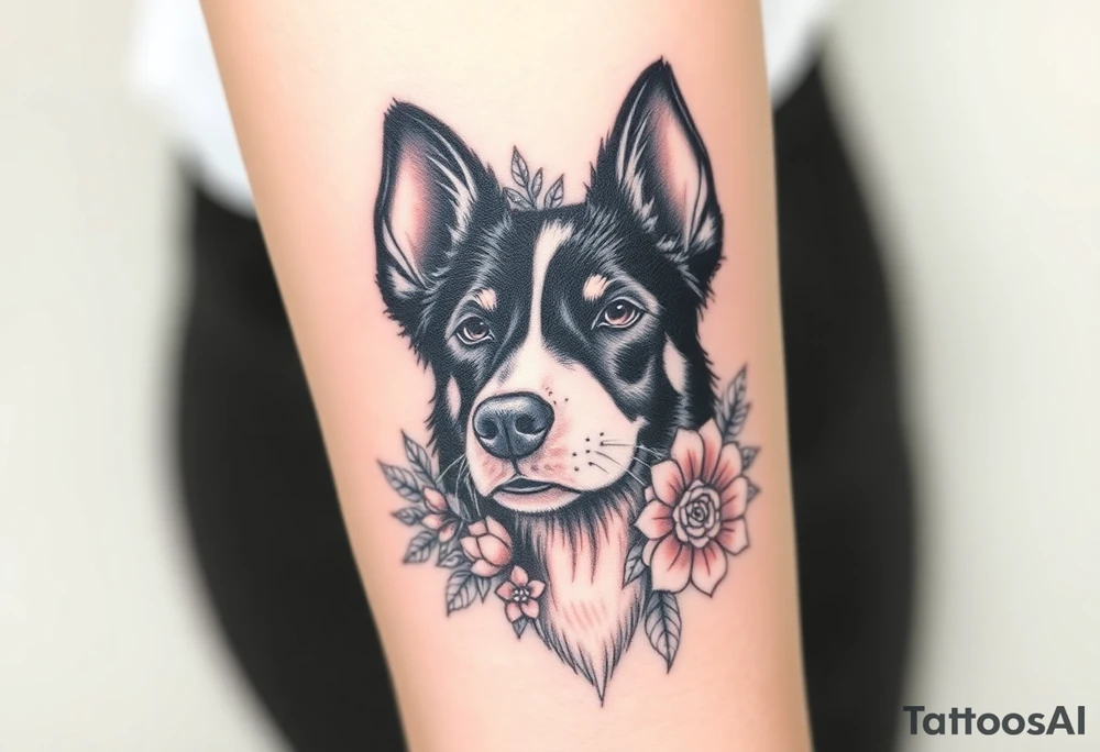 merle black austrailian cattle dog with succulents and flowers surrounding his head tattoo idea