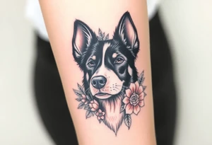 merle black austrailian cattle dog with succulents and flowers surrounding his head tattoo idea