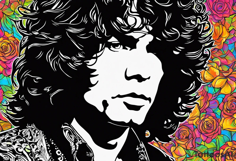 The existing tattoos (Jim Morrison portrait and quote)
Janis Joplin's round glasses
Hendrix-style guitar
Roses intertwined with psychedelic shapes
Classic rock lyrics in elegant script
Abstract Beatles references (like silhouettes or musical notes) tattoo idea
