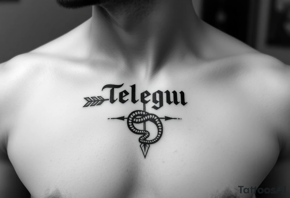 telugu text on chest with arrow and snake tattoo idea