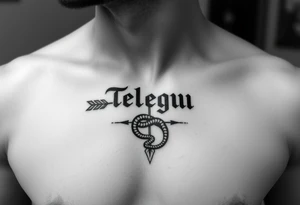 telugu text on chest with arrow and snake tattoo idea